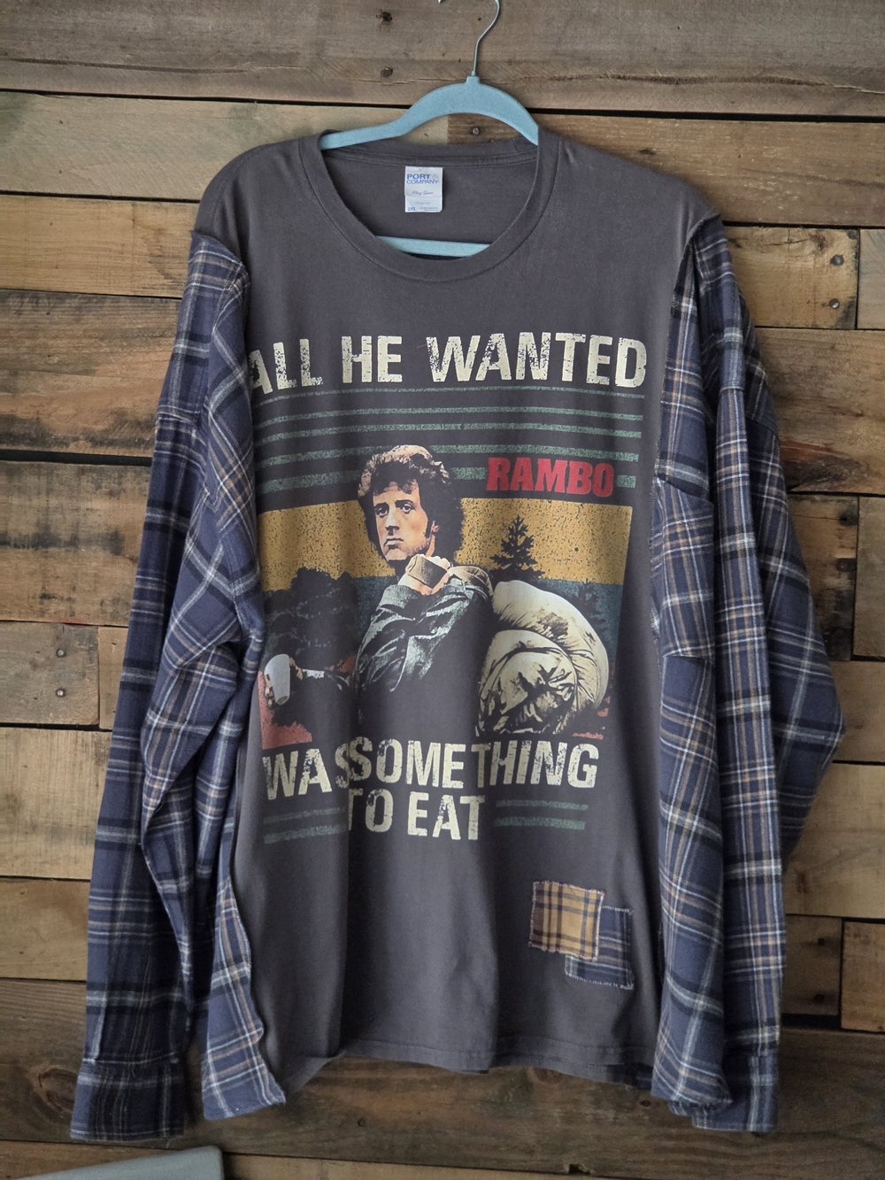 Upcycled Rambo Graphic T-shirt With Long Flannel  Sleeves